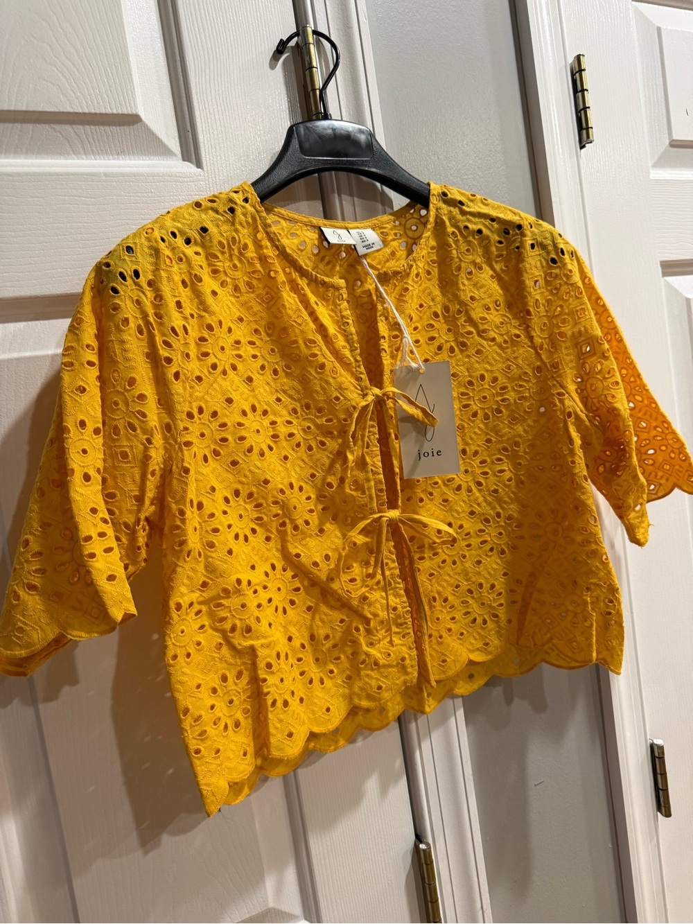 Joie Mustard Eyelet Tie-Front Crop Blouse - Picture 2 of 5